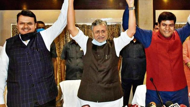 Bihar BJP election incharge Devendra Fadnavis, deputy chief minister Sushil Kumar Modi and Vikasshil Insaan Party president Mukesh Sahani in Patna on Wednesday. (Santosh Kumar/ HT photo) Bihar BJP election incharge Devendra Fadnavis, deputy chief minister Sushil Kumar Modi and Vikasshil Insaan Party president Mukesh Sahani in Patna on Wednesday. (Santosh Kumar/ HT photo)