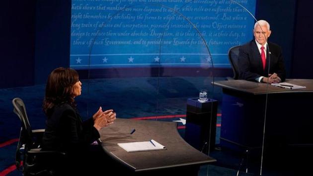 US Vice President Mike Pence and Democratic vice presidential nominee and US Senator Kamala Harris take part in the 2020 vice presidential debate on the campus of the University of Utah in Salt Lake City, Utah. (REUTERS) US Vice President Mike Pence and Democratic vice presidential nominee and US Senator Kamala Harris take part in the 2020 vice presidential debate on the campus of the University of Utah in Salt Lake City, Utah. (REUTERS)