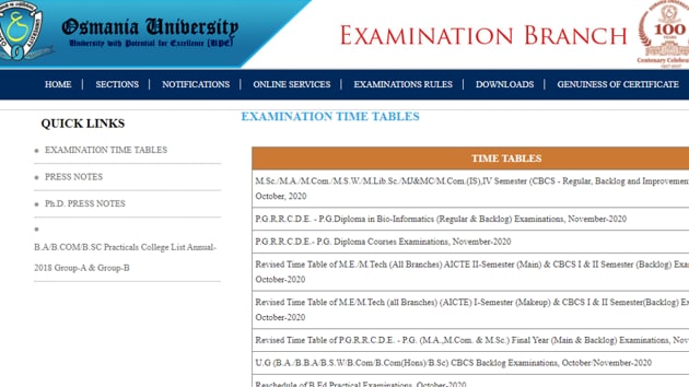 Osmania University degree examination schedule 2020.(Screengrab)