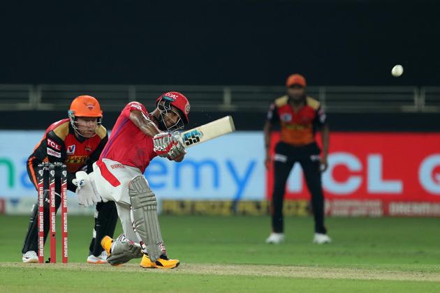 Dubai: Kings XI Punjab batsman Nicholas Pooran plays a shot during the Indian Premier League 2020 cricket match against Sunrisers Hyderabad, at Dubai International Cricket Stadium, in Dubai, Thursday, Oct. 8, 2020. (PTI Photo/Sportzpics for BCCI)(PTI08-10-2020_000275A) (PTI)