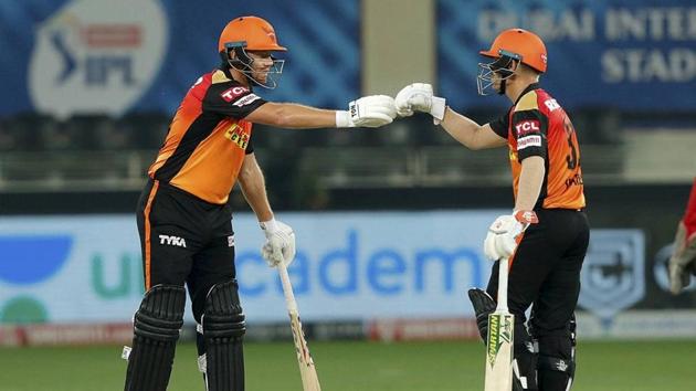 Dubai: Sunrisers Hyderabad batsmen David Warner and Jonny Bairstow during the Indian Premier League 2020 cricket match against Kings XI Punjab, at Dubai International Cricket Stadium, in Dubai, Thursday, Oct. 8, 2020. (PTI Photo/Sportzpics for BCCI)(PTI08-10-2020_000239A) (PTI)