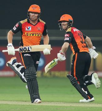 Dubai: Sunrisers Hyderabad batsmen David Warner and Jonny Bairstow run between the wickets during the Indian Premier League 2020 cricket match against Kings XI Punjab, at Dubai International Cricket Stadium, in Dubai, Thursday, Oct. 8, 2020. (PTI Photo/Sportzpics for BCCI)(PTI08-10-2020_000222B) (PTI)