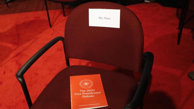 The seat for US Second Lady Karen Pence before the US vice presidential debate at the University of Utah in Salt Lake City, Utah. (Bloomberg photo) The seat for US Second Lady Karen Pence before the US vice presidential debate at the University of Utah in Salt Lake City, Utah. (Bloomberg photo)