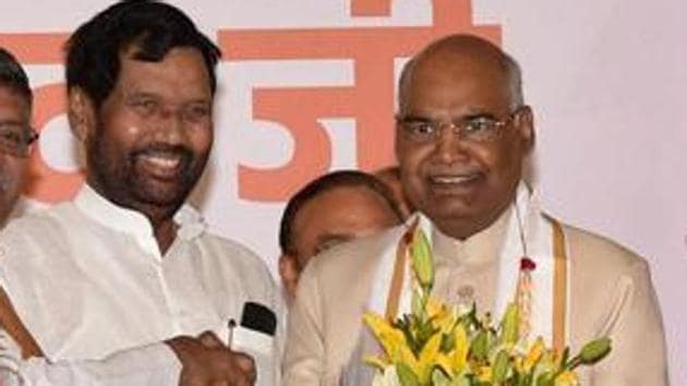 President of India Ram Nath Kovind is congratulated by Union ministers Ram Vilas Paswan on being elected as the 14th President of India, in New Delhi.(PTI)