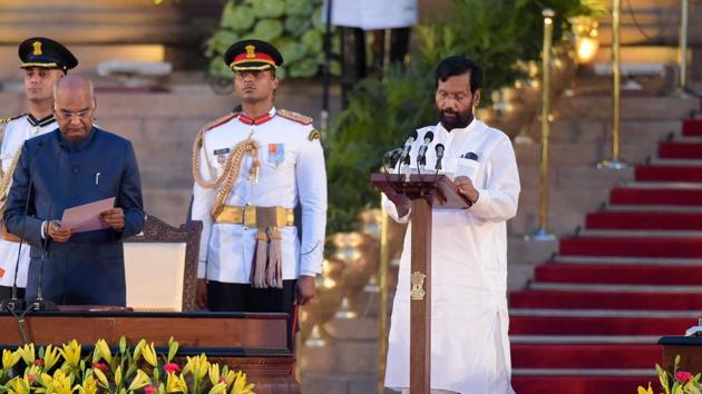 In this Thursday, May 30, 2019, file photo Ram Vilas Paswan being sworn-in as a Cabinet minister by President Ram Nath Kovind during the oath taking ceremony at the forecourt of Rashtrapati Bhawan in New Delhi. (PTI) In this Thursday, May 30, 2019, file photo Ram Vilas Paswan being sworn-in as a Cabinet minister by President Ram Nath Kovind during the oath taking ceremony at the forecourt of Rashtrapati Bhawan in New Delhi. (PTI)