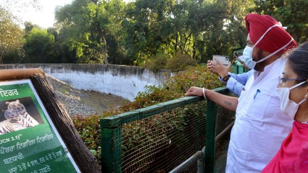 Punjab forests and wildlife preservation minister Sadhu Singh Dharamsot at Chhatbir Zoo in Mohali on Wednesday. (HT PHOTO) Punjab forests and wildlife preservation minister Sadhu Singh Dharamsot at Chhatbir Zoo in Mohali on Wednesday. (HT PHOTO)