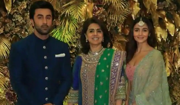 Ranbir Kapoor and Alia Bhatt with Neetu Kapoor at Armaan Jain and Anissa Malhotra’s wedding reception.(Varinder Chawla)