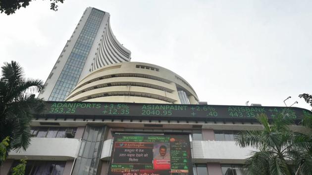 A screen on the facade of BSE building in Mumbai (PTI Photo/Mitesh Bhuvad)