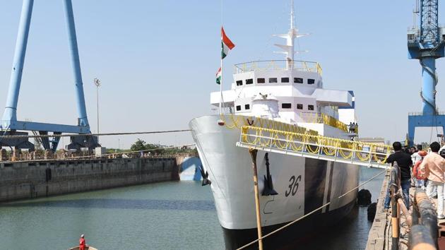 Indian Coast Guard's Cadets Training ship named "Varuna" is seen docked during its launch at Reliance Naval and Engineering Ltd. (RNEL) at Pipavav.(AFP) Indian Coast Guard's Cadets Training ship named "Varuna" is seen docked during its launch at Reliance Naval and Engineering Ltd. (RNEL) at Pipavav.(AFP)