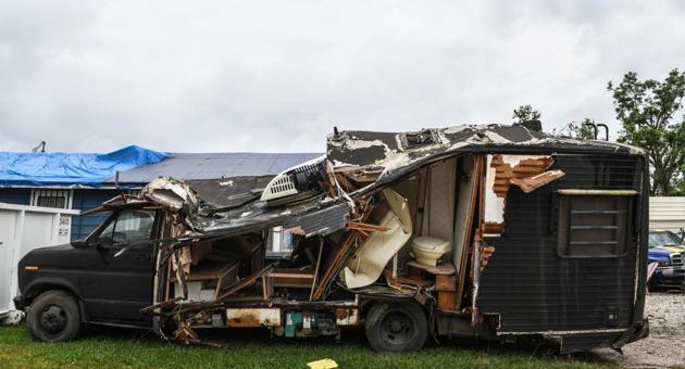 Debris of a van caused by Hurricane Laura less than 6 weeks ago is seen on the street a day before upcoming Hurricane Delta in Lake Charles, Louisiana. (AFP) Debris of a van caused by Hurricane Laura less than 6 weeks ago is seen on the street a day before upcoming Hurricane Delta in Lake Charles, Louisiana. (AFP)