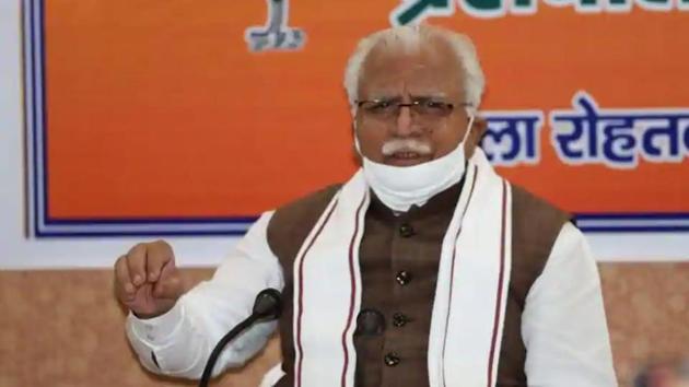 Chief minister Manohar Lal Khattar is in Gohana near Sonepat on Friday to discuss the BJP ‘s agenda for the November 3 Baroda bypoll.(HT file photo)