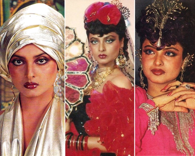 Think Rekha’s look in Khoon Bhari Maang and you will be flooded with visions of mullets, blue lenses, foil, gold, silver, flamenco skirts, basically every single campiest thing you can think of, all put onto Rekha at the same time. (Movie stills)