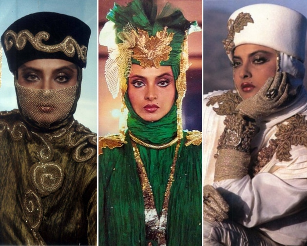 Rekha’s portrayal of the antagonist Madam X, in the movie by the same name, showed her character wearing a lot of brightly coloured suits, featuring gold accents, capes, veils, hats, chains, you name it. (Twitter/ Movie stills)