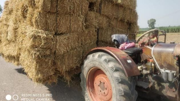 Bales of chaff being transported from fields after collection.(HT Photo)