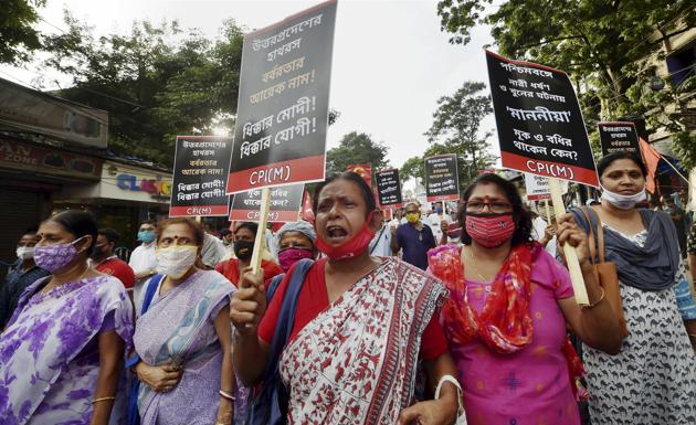 Activists of Left Front and West Bengal Pradesh Congress stage a joint protest rally in Kolkata against the death of a 19-year-old Dalit woman who was allegedly gang-raped in Hathras of Uttar Pradesh. (PTI) Activists of Left Front and West Bengal Pradesh Congress stage a joint protest rally in Kolkata against the death of a 19-year-old Dalit woman who was allegedly gang-raped in Hathras of Uttar Pradesh. (PTI)