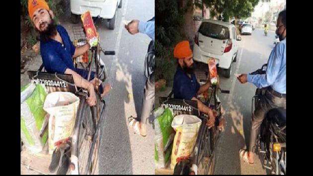 The image shows the specially-abled man from Amritsar selling incense.(Twitter@iJasOberoi)