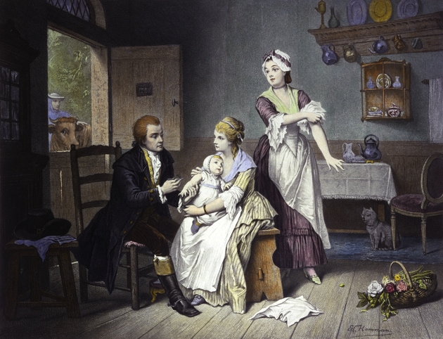 Edward Jenner, vaccinating his young child, held by Mrs Jenner. Coloured engraving by C. Manigaud after E Hamman.(Wellcome Library)