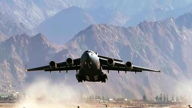 Indian Air Force’s C-17 Globemaster transport aircraft is seen at Leh on Saturday. (ANI photo) Indian Air Force’s C-17 Globemaster transport aircraft is seen at Leh on Saturday. (ANI photo)