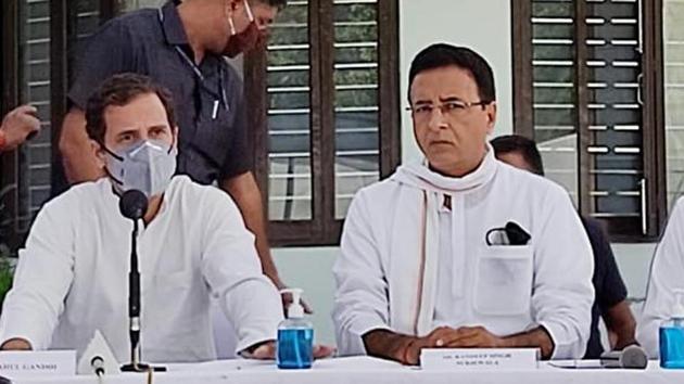 Congress leaders Rahul Gandhi and Randeep Singh Surjewala during a press conference over the farm bills issue in Patiala. (ANI File Photo) Congress leaders Rahul Gandhi and Randeep Singh Surjewala during a press conference over the farm bills issue in Patiala. (ANI File Photo)