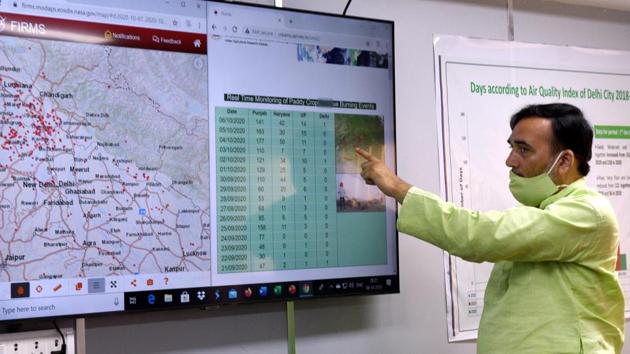 Delhi Environment minister Gopal Rai at a green war room to monitor real time pollution data and hot spot conditions in New Delhi on October 8. This centralised “war room” at the state secretariat will monitor air pollution levels and coordinate efforts by different agencies to control a spike in bad air, a chronic problem that plagues the Capital and its surrounding areas every winter. (Arvind Yadav / HT Photo)