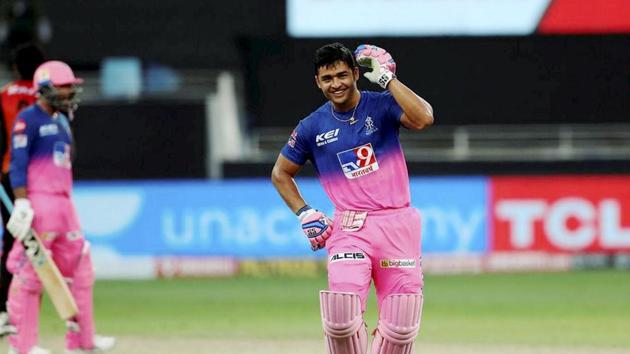 Dubai: Rajasthan Royals batsman Riyan Parag celebrates after winning the Indian Premier League 2020 cricket match against Sunrisers Hyderabad, at Dubai International Cricket Stadium, in Dubai, Sunday, Oct. 11, 2020. (PTI Photo/Sportzpics for BCCI)(PTI11-10-2020_000123B) (PTI)
