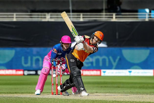 Dubai: Sunrisers Hyderabad batsman David Warner plays a shot during the Indian Premier League 2020 cricket match against Rajasthan Royals, at Dubai International Cricket Stadium, in Dubai, Sunday, Oct. 11, 2020. (PTI Photo/Sportzpics for BCCI)(PTI11-10-2020_000073A) (PTI)