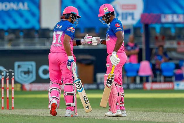 Dubai: Rajasthan Royals batsmen Robin Uthappa and Sanju Samson plays a shot during the Indian Premier League 2020 cricket match against Sunrisers Hyderabad, at Dubai International Cricket Stadium, in Dubai, Sunday, Oct. 11, 2020. (PTI Photo/Sportzpics for BCCI)(PTI11-10-2020_000104A) (PTI)
