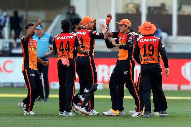Dubai: Sunrisers Hyderabad players celebrate the wicket of Rajasthan Royals batsman Steve Smith during the Indian Premier League 2020 cricket match, at Dubai International Cricket Stadium, in Dubai, Sunday, Oct. 11, 2020. (PTI Photo/Sportzpics for BCCI)(PTI11-10-2020_000106A) (PTI)