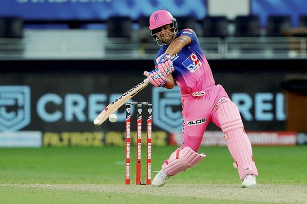 Dubai: Rajasthan Royals batsman Riyan Parag plays a shot during the Indian Premier League 2020 cricket match against Sunrisers Hyderabad, at Dubai International Cricket Stadium, in Dubai, Sunday, Oct. 11, 2020. (PTI Photo/Sportzpics for BCCI)(PTI11-10-2020_000112B) (PTI)