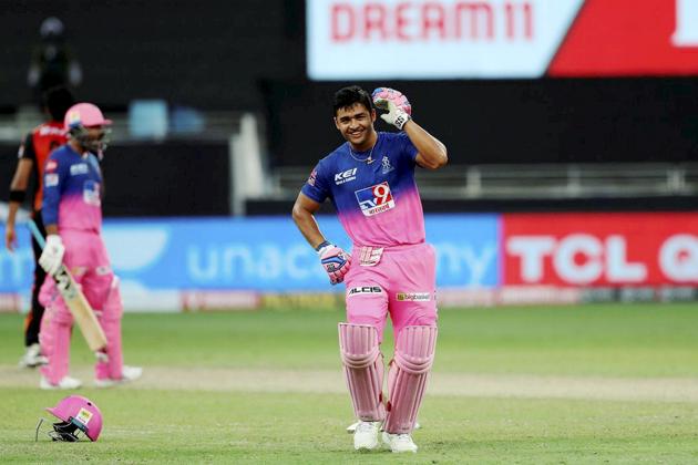 Dubai: Rajasthan Royals batsman Riyan Parag celebrates after winning the Indian Premier League 2020 cricket match against Sunrisers Hyderabad, at Dubai International Cricket Stadium, in Dubai, Sunday, Oct. 11, 2020. (PTI Photo/Sportzpics for BCCI)(PTI11-10-2020_000123B) (PTI)