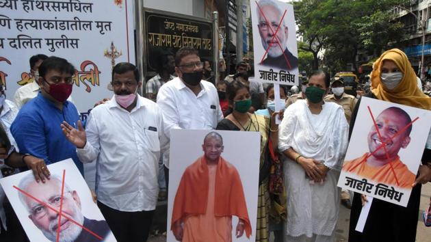Congress activists protesting against Uttar Pradesh Chief Minister Yogi Adityanath on the issue of a 19-year-old Dalit woman who died after being allegedly gang-raped and assaulted in Hathras outside Dadar Station in Mumbai. (Photo by Bhushan Koyande/ HT Photo) Congress activists protesting against Uttar Pradesh Chief Minister Yogi Adityanath on the issue of a 19-year-old Dalit woman who died after being allegedly gang-raped and assaulted in Hathras outside Dadar Station in Mumbai. (Photo by Bhushan Koyande/ HT Photo)