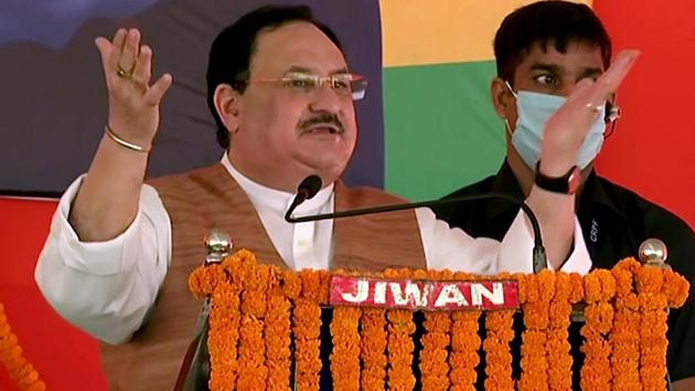 BJP national president JP Nadda addresses supporters during a public rally for the Bihar Assembly election, in Gaya on Sunday. (ANI photo) BJP national president JP Nadda addresses supporters during a public rally for the Bihar Assembly election, in Gaya on Sunday. (ANI photo)