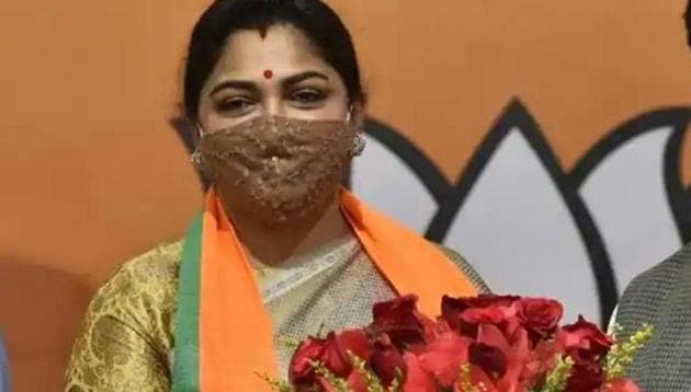 Tamil film actress and former Congress spokesperson Khusbu Sundar joined the Bharatiya Janata Party in New Delhi.(Sanjeev Verma/HT Photo)