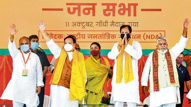 BJP National President JP Nadda addresses first election rally at Gandhi Maidan, in Gaya, Sunday, Oct. 11, 2020.(PTI Photo) BJP National President JP Nadda addresses first election rally at Gandhi Maidan, in Gaya, Sunday, Oct. 11, 2020.(PTI Photo)