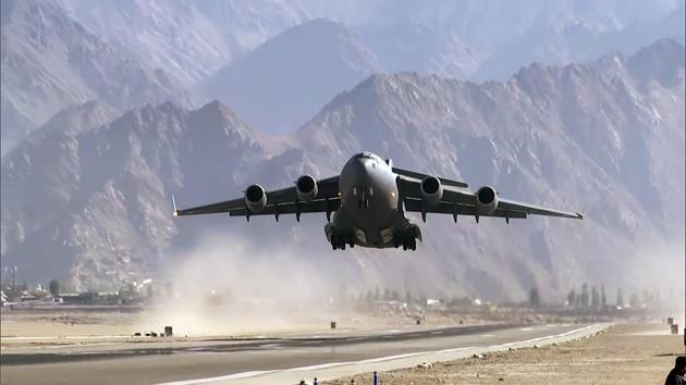 Indian Air Force's C-17 Globemaster transport aircraft is seen at Leh, on Saturday.(ANI)