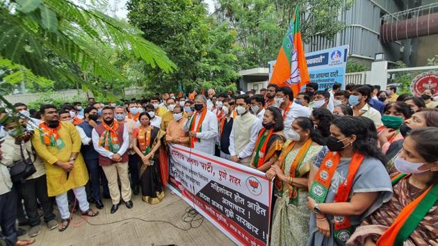 The BJP, meanwhile, held a protest against the Maharashtra government for the increase in crime cases against women in the state. Chandrakant Patil, state unit president, BJP, led the agitations in Pune and said that the state government is not serious about women’s issues. (HT PHOTO) The BJP, meanwhile, held a protest against the Maharashtra government for the increase in crime cases against women in the state. Chandrakant Patil, state unit president, BJP, led the agitations in Pune and said that the state government is not serious about women’s issues. (HT PHOTO)