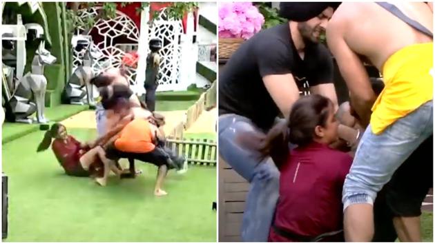 Bigg Boss 14: Jasmin Bhasin fighting it out with Eijaz Khan during the task. Bigg Boss 14: Jasmin Bhasin fighting it out with Eijaz Khan during the task.