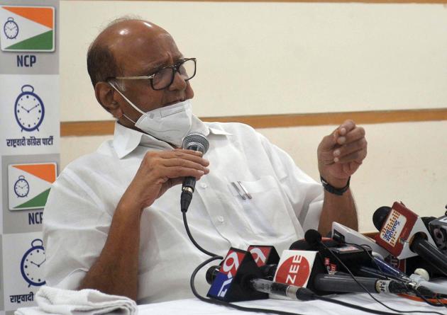 Nationalist Congress Party (NCP) chief Sharad Pawar addresses the media in Mumbai in this file photo. Pawar, who is an ally of Uddhav Thackeray’s Shiv Sena, talked about the “intemperate language” used by BS Koshyari.(ANI Photo)