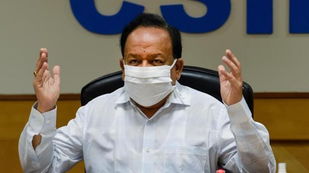 Union health minister Dr. Harsh Vardhan speaks during the release of a compendium 'CSIR Technologies for Covid-19 Mitigation', in New Delhi.(PTI File Photo)
