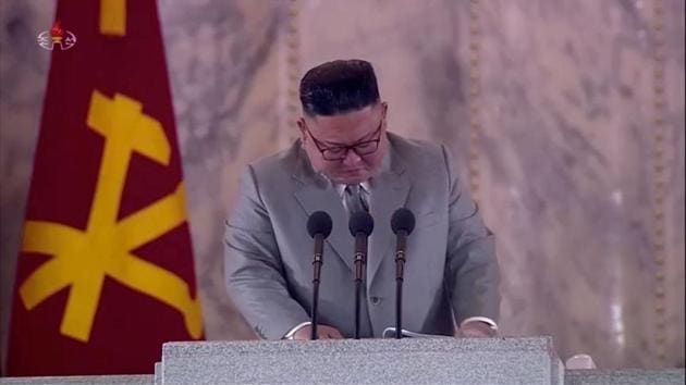 North Korean Leader Kim Jong Un reacts during a speech at a military parade marking 75th founding anniversary of Workers' Party of Korea (Wpk), in this still image taken from video on October 12, 2020.(VIA REUTERS) North Korean Leader Kim Jong Un reacts during a speech at a military parade marking 75th founding anniversary of Workers' Party of Korea (Wpk), in this still image taken from video on October 12, 2020.(VIA REUTERS)