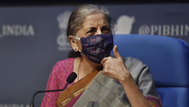 Union Finance Minister Nirmala Sitharaman addresses the media during a press conference at National Media Centre in New Delhi on Monday, October 12, 2020. (Ajay Aggarwal /HT PHOTO) Union Finance Minister Nirmala Sitharaman addresses the media during a press conference at National Media Centre in New Delhi on Monday, October 12, 2020. (Ajay Aggarwal /HT PHOTO)