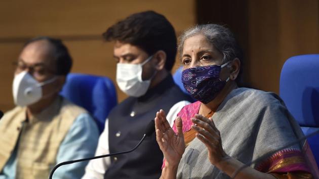 Union Finance Minister Nirmala Sitharaman addresses the media during a press conference at National Media Centre in New Delhi.(Ajay Aggarwal /HT PHOTO) Union Finance Minister Nirmala Sitharaman addresses the media during a press conference at National Media Centre in New Delhi.(Ajay Aggarwal /HT PHOTO)