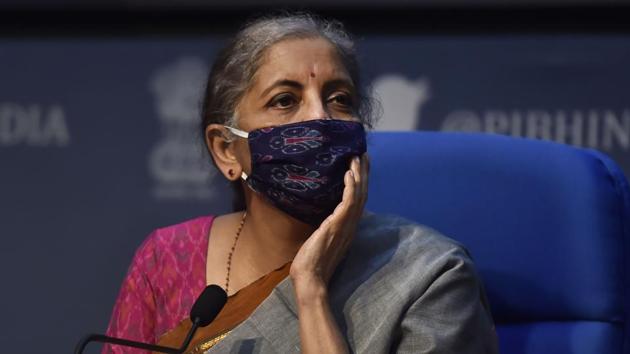 Union Finance Minister Nirmala Sitharaman addresses the media during a press conference at National Media Centre in New Delhi on Monday.(Ajay Aggarwal /HT PHOTO) Union Finance Minister Nirmala Sitharaman addresses the media during a press conference at National Media Centre in New Delhi on Monday.(Ajay Aggarwal /HT PHOTO)