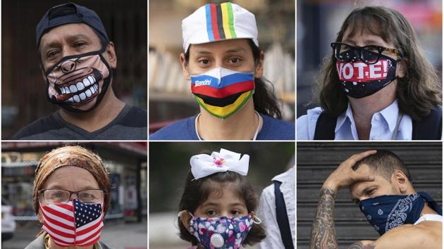 In this combination of photos, New Yorkers pose for photos during the coronavirus outbreak in New York.(AP)