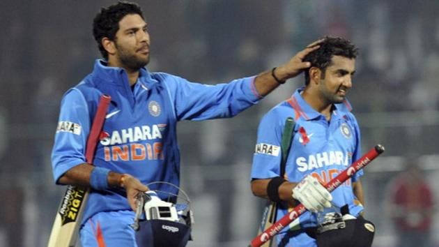 Yuvraj Singh and Gautam Gambhir after guiding India to a win against England in 2013. (Getty Images) Yuvraj Singh and Gautam Gambhir after guiding India to a win against England in 2013. (Getty Images)