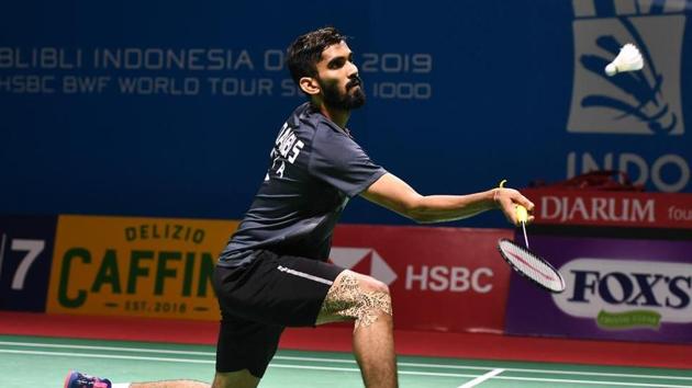 Kidambi Srikanth of India competes against Kenta Nishimoto of Japan on day two of the Bli Bli Indonesia Open at Istora Gelora Bung Karno.(Getty Images)