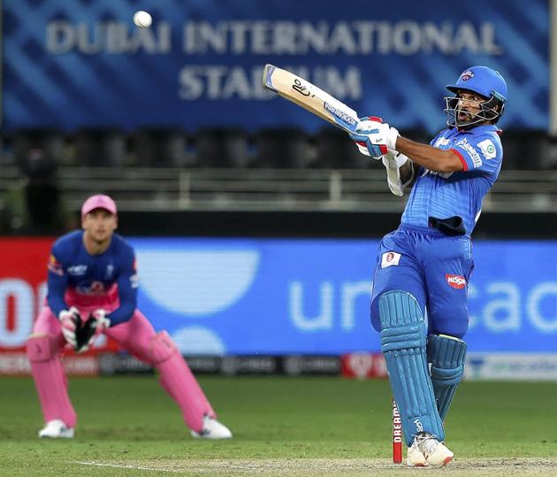 Dubai: Delhi Capitals batsman Shikhar Dhawan plays the shot against Rajasthan Royals during the Indian Premier League (IPL) cricket match, at the Dubai International Cricket Stadium in Dubai, Wednesday, Oct. 14, 2020. (PTI Photo/Sportzpics for BCCI)(PTI14-10-2020_000199A) (PTI)