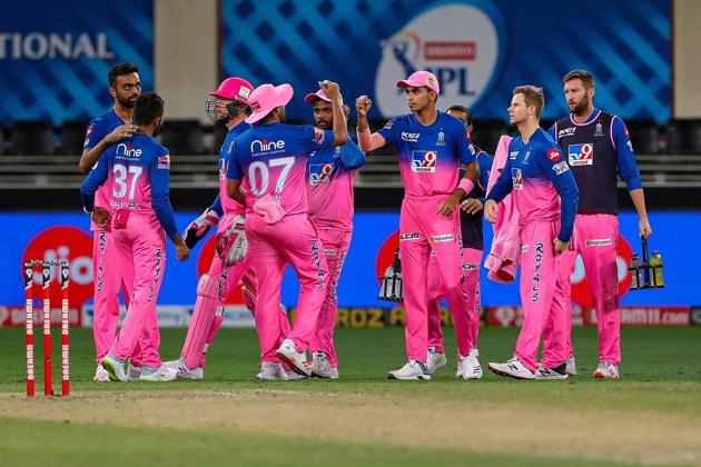 Dubai: Rajasthan Royals players celebrate the wicket of Delhi Capitals player Shikhar Dhawan during the Indian Premier League (IPL) cricket match, at the Dubai International Cricket Stadium in Dubai, Wednesday, Oct. 14, 2020. (PTI Photo/Sportzpics for BCCI)(PTI14-10-2020_000210B) (PTI)