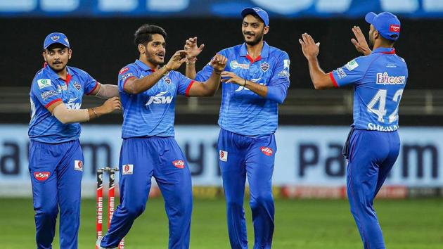 Dubai:Tushar Deshpande of Delhi Capitals celebrates the wicket of Ben Stokes of Rajasthan Royals during the Indian Premier League (IPL) cricket match, at the Dubai International Cricket Stadium in Dubai, Wednesday, Oct. 14, 2020. (PTI Photo/Sportzpics for BCCI)(PTI14-10-2020_000234B) (PTI)