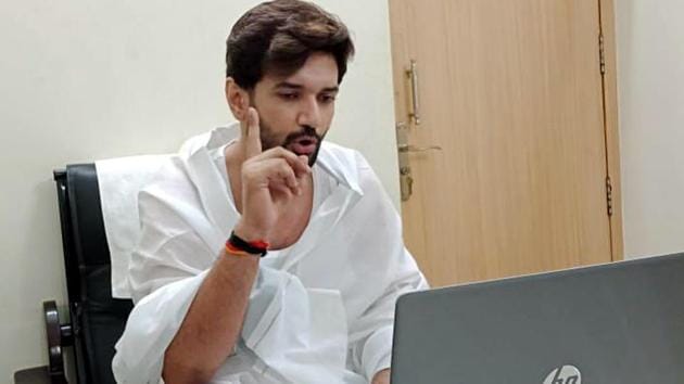 Lok Janshakti Party chief Chirag Paswan holds a meeting with party candidates ahead of the Bihar assembly elections via video conference.(ANI Photo)